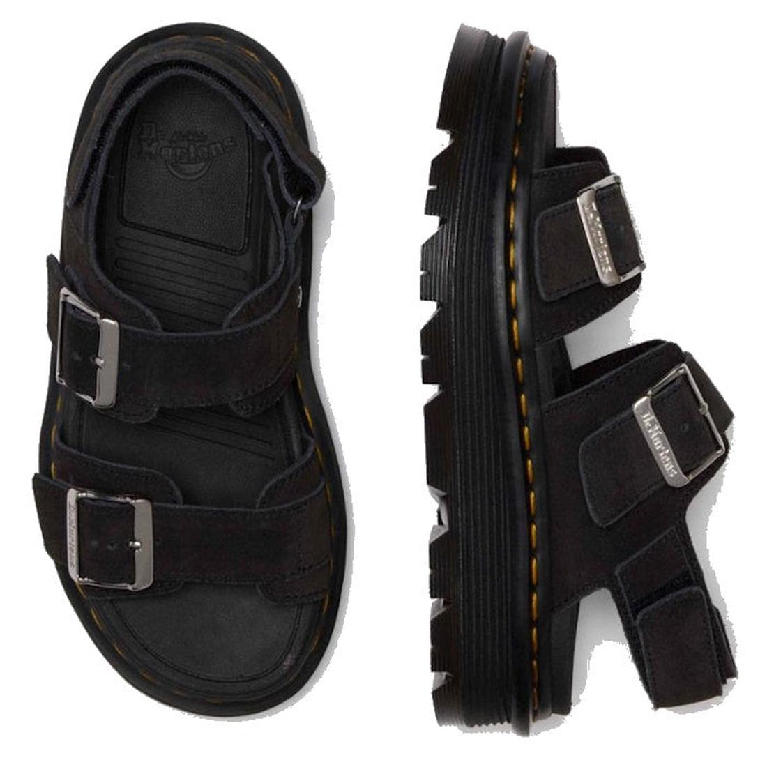 Top and side views of Dr. Martens Zebzag Black EH Suede 2 Strap Sandal with back strap highlight thick ergonomic soles, two adjustable buckle straps, a back strap, and signature yellow stitching along the sole edge., 190665763737, 190665763744, 1906657637