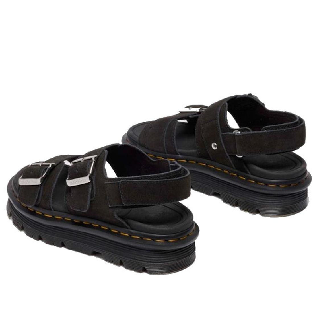 The Dr Martens Zebzag Black EH Suede 2 Strap Sandal w/Back Strap features thick ergonomic soles, two silver buckles per sandal, yellow stitching on the sole edges, and an open toe and heel with an adjustable back strap., 190665763737, 190665763744, 190665