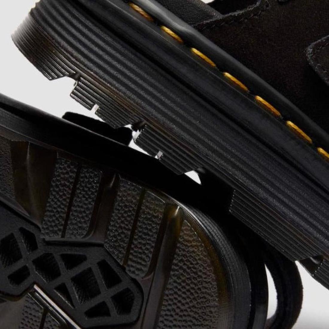 Close-up of Dr Martens Zebzag Black EH Suede 2 Strap Sandal with back strap, featuring thick ergonomic soles, visible yellow stitching, and a treaded outsole for a sturdy look., 190665763737, 190665763744, 190665763751, 190665763775, 190665763782, 1906657