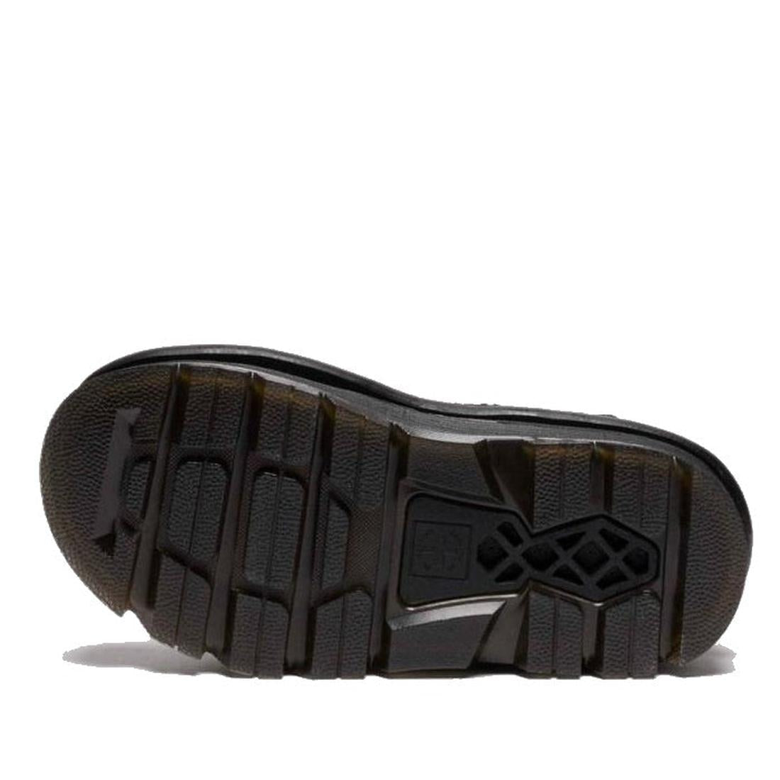 The image displays the bottom view of the Dr Martens Zebzag Black EH Suede 2 Strap Sandal w/Back Strap, highlighting its ergonomic black sole with a textured tread and deep grooves for traction, set against a white background., 190665763737, 190665763744,