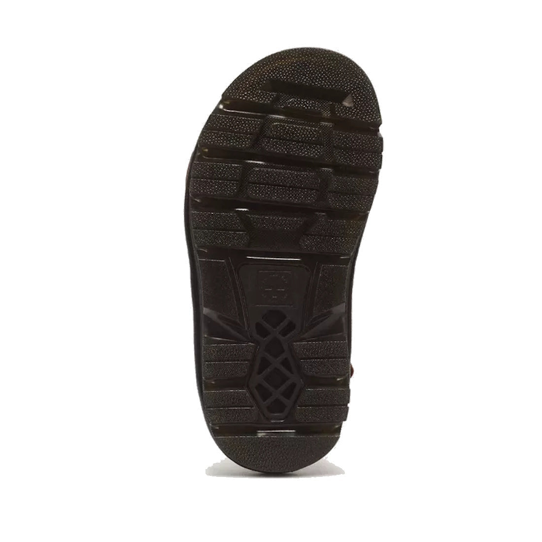 The image displays the bottom view of a Dr Martens Zebzag Crazy Horse Brown 2 Strap Sandal, featuring a dark textured non-slip sole with rectangular and crisscross grooves, plus an air-cushioned platform, all set against a white background., 52549, 190665