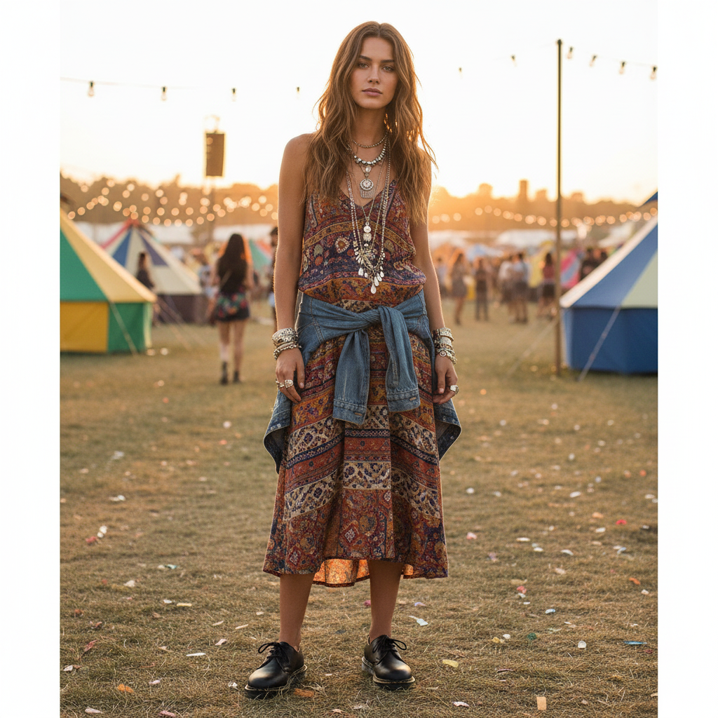 A woman at a sunset festival wears Dr Martens 1461 Black Nappa Leather Oxfords, featuring sturdy soles and 3-eye lace-up closure.  ksnz
