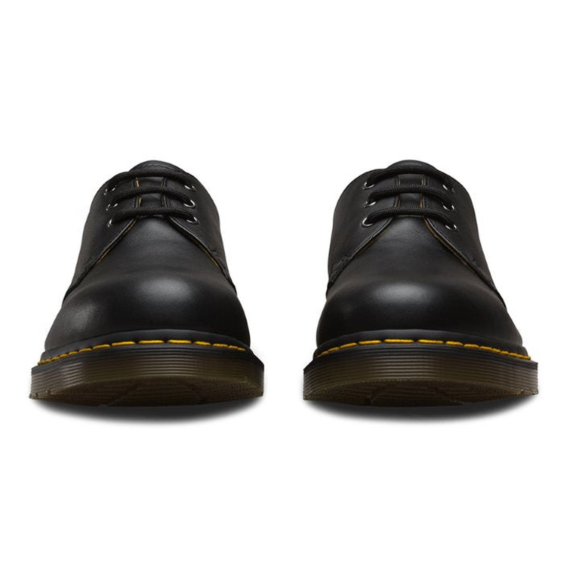 The Dr Martens 1461 Shoes are black Nappa leather 3-eye lace-up Oxfords with yellow stitching and thick translucent rubber soles, shown from the front., 800090827101, 800090827118, 800090827125, 800090827132, 800090798746, 800090798739, 800090798753, 8000
