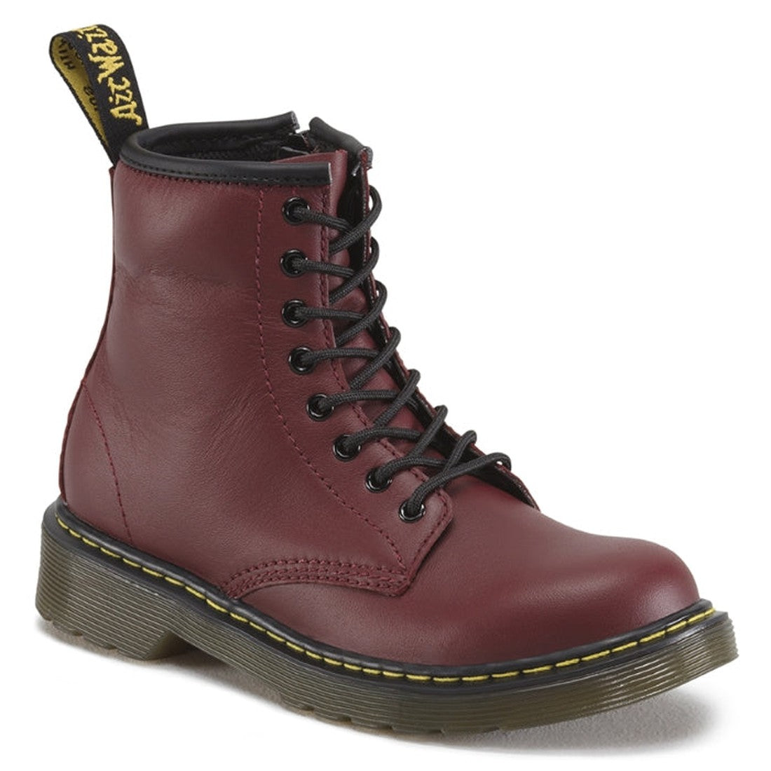 Dr Martens Kids 1460 J Cherry Red boots with sturdy soles, yellow stitching, black laces, easy side zip, and comfy leather.  ksnz