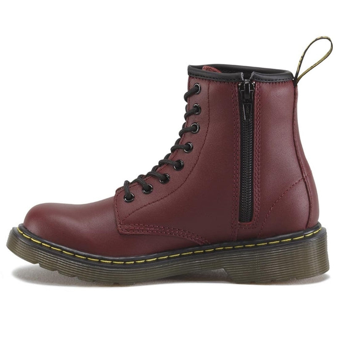 Dr Martens Kids 1460 J Cherry Red boot—sturdy lace-up and zip, Softy T leather, grippy sole with yellow stitching, black trim.  ksnz, 883985597587, 883985597594, 883985597617, 883985597624, 883985597563, 883985597570, 883985749474