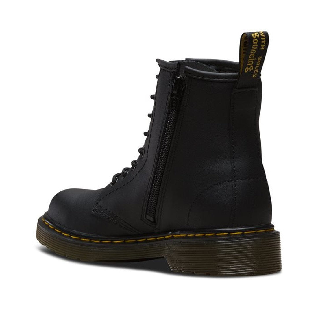 The Dr Martens kids - 1460 J Black Lace Up Boot with zip features a black leather upper, lace-up front, side zipper, thick brown sole, yellow stitching, and a yellow pull tab—ideal for sturdy kids’ school shoes., 883985597518, 883985597525, 883985597549, 