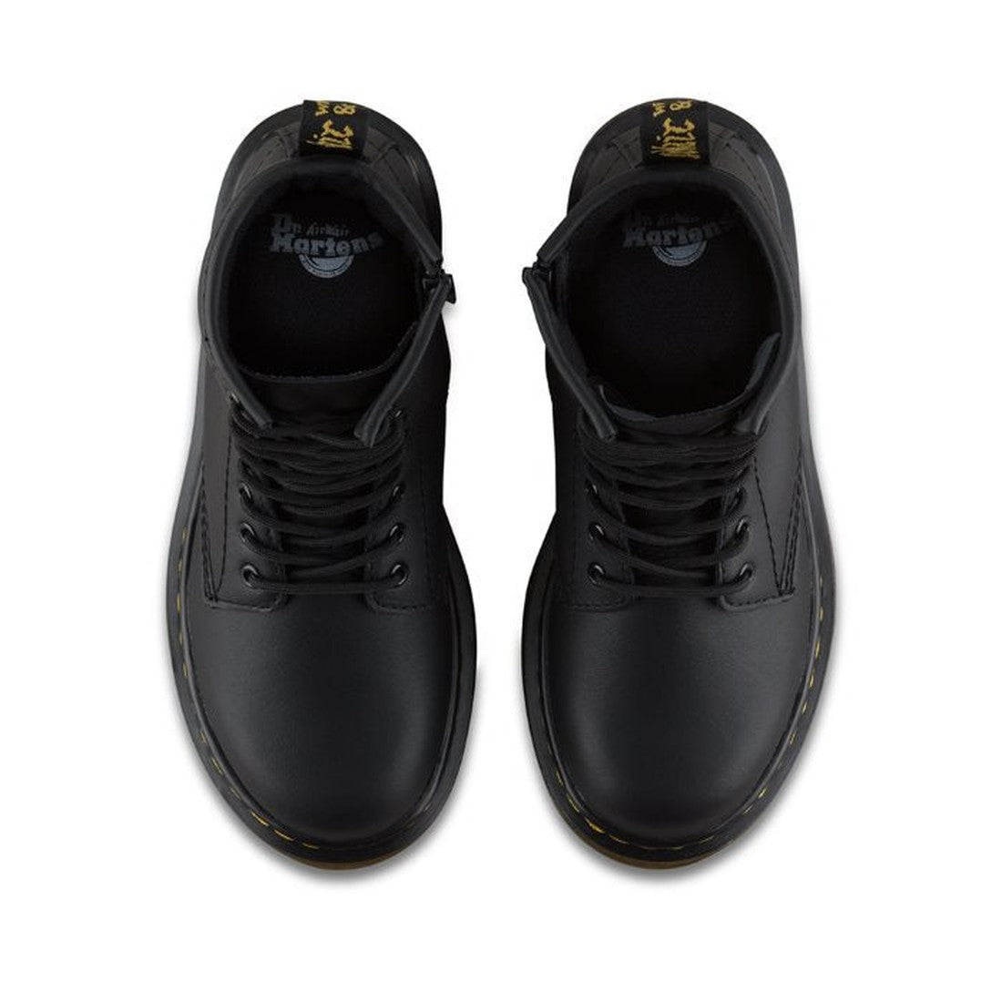 A top-down view of Dr Martens kids - 1460 J Black Lace Up Boot with zip, featuring black leather, yellow stitching, and branded heel loops—perfect as stylish school shoes., 883985597518, 883985597525, 883985597549, 883985597556, 883985597495, 883985692923