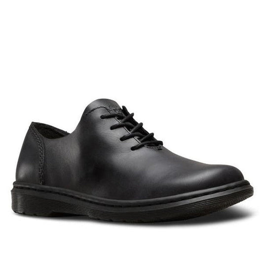 Image of right foot, side on of Dr Martens Shoes Lorrie III Women's 4 Eye Lace Up Black-Foot Forward Shoes