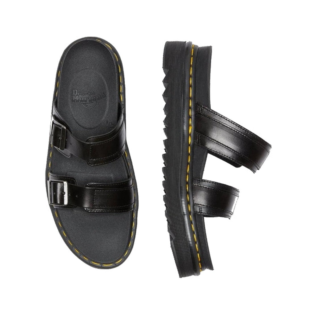 A pair of Dr Martens - Black Myles Black Bar Brando sandals in black leather, featuring two adjustable buckled straps, thick ridged soles, and signature yellow stitching, shown from top and side angles on a white background., 190665107562, 190665107579, 1