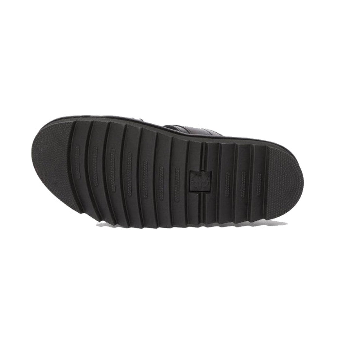 The image shows the black rubber sole of a Dr Martens - Black Myles Black Bar Brando Sandal, featuring deep horizontal grooves for traction and a small rectangular logo at the center, displayed sole-up on a plain white background., 190665107562, 190665107