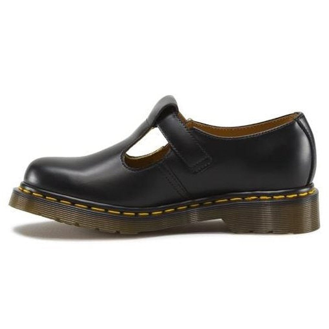 the inner view of the dr martens polley t-bar shoe in black shwoing the yellow stitching around the sole., 883985498242,
883985498259,
883985498266,
883985498273,
883985498280,
883985498297,
883985498303,
883985498310,, 883985498242, 883985498259, 8839854