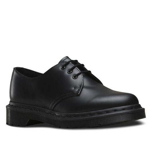 Image of right foot, side on of Dr Martens - 1461 Mono Black Smooth Shoe Oxford Lace Up-Foot Forward Shoes