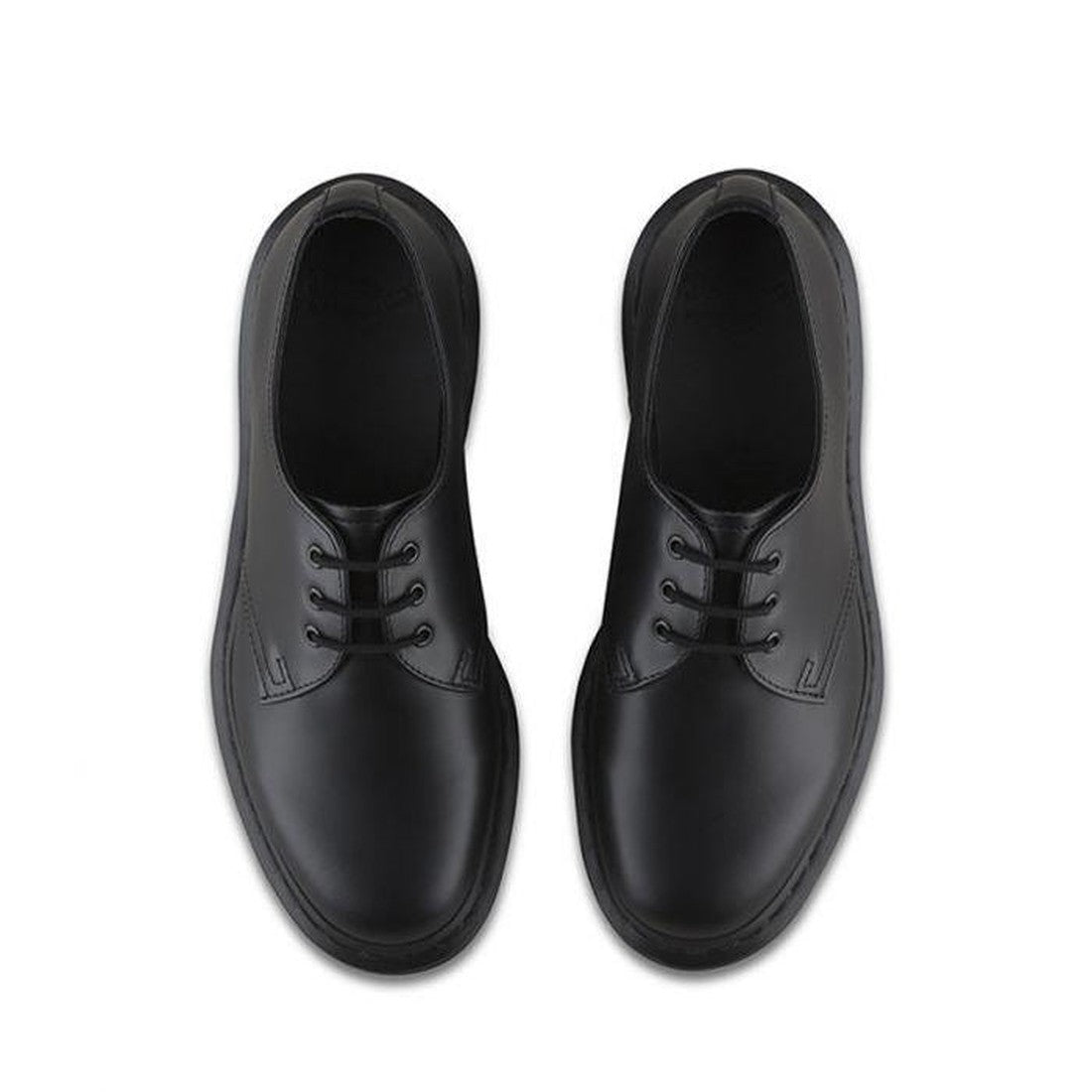 A pair of Dr Martens 1461 Mono Black Smooth Oxford lace-up shoes, classic style, photographed from above on a white background., 883985393523, 883985393547, 883985393530, 883985393554, 883985393561, 883985393578, 883985393585, 883985393592, 883985393608, 