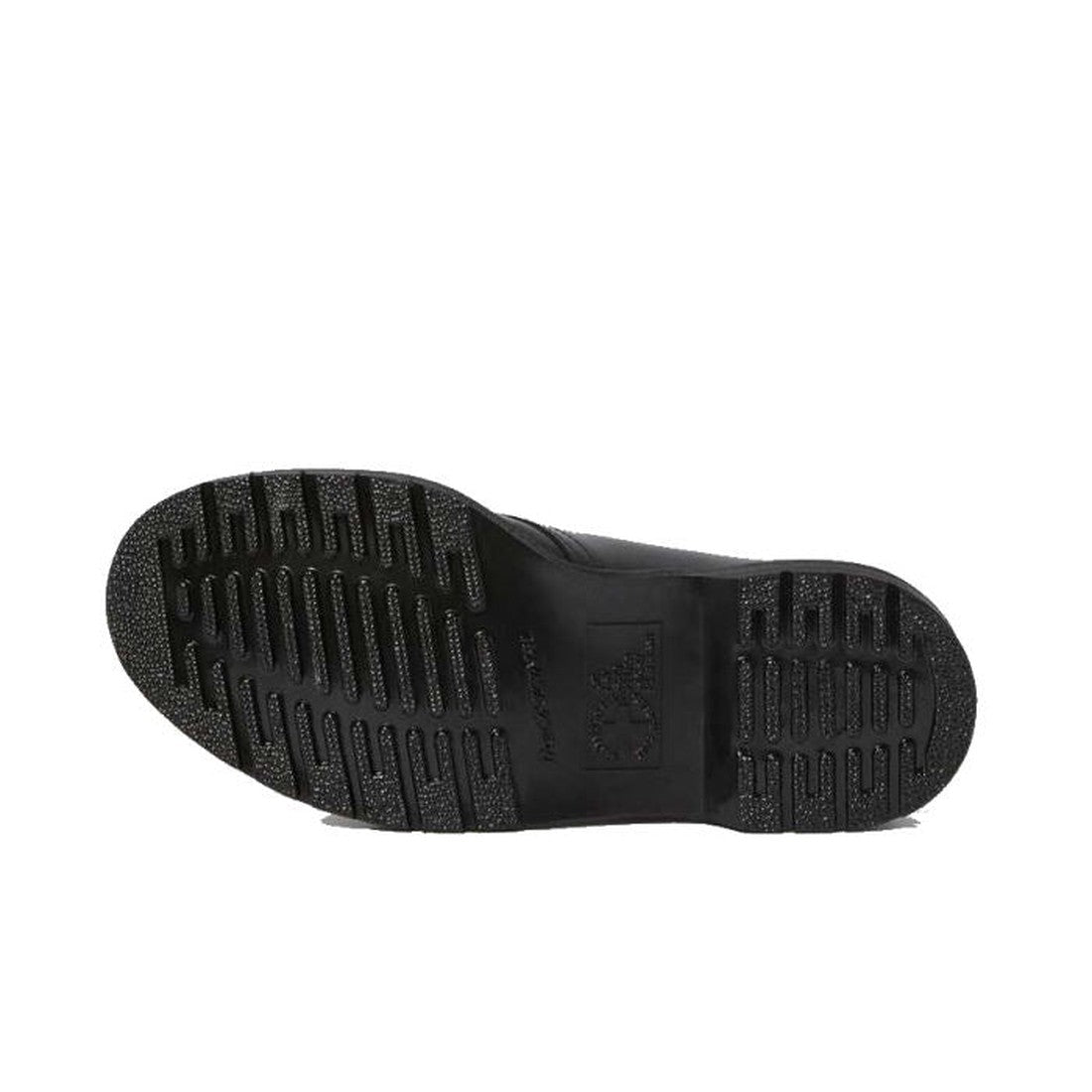 Bottom view of the Dr Martens - 1461 Mono Black Smooth Shoe Oxford Lace Up, featuring a durable black leather sole with textured tread pattern and horizontal and diagonal grooves for superior grip and traction., 883985393523, 883985393547, 883985393530, 8