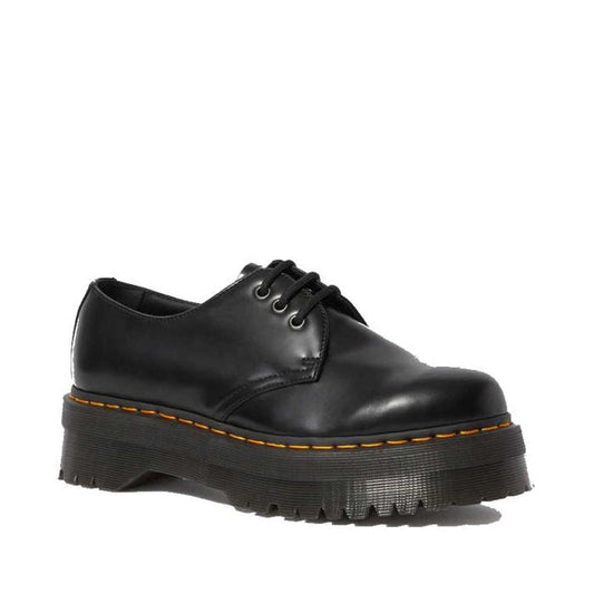 Image of right foot, side on of Dr Martens - 1461 Quad Polished Smooth Platform Shoe Black 3 Eye-Foot Forward Shoes