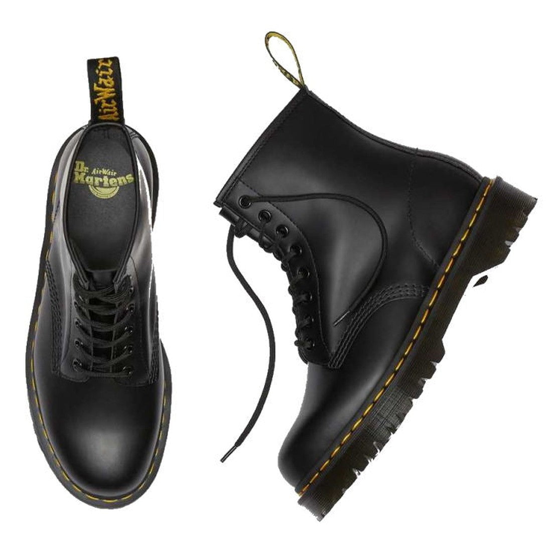 A pair of Dr Martens - Bex 1460 8 Up Black Leather Boots with yellow stitching, featuring smooth leather, a thick Bex sole, and classic lace-up design—shown from above and the side., 190665298758, 190665298765, 190665298772, 190665298789, 190665298796, 19