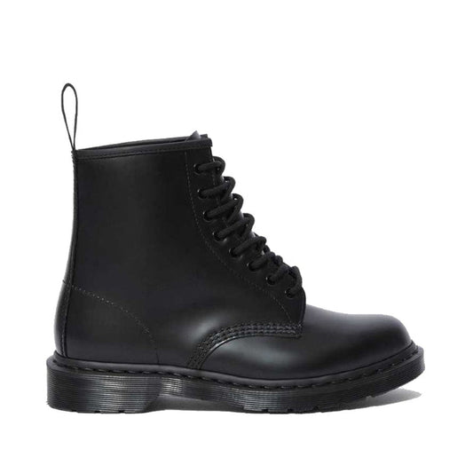 Image of right foot, side on of Dr Martens 1460 Black MONO 8 Up Boot Smooth-Foot Forward Shoes