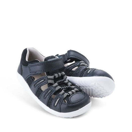Bobux Step Up Summit Black Sandals for kids, featuring closed toes, comfy mesh sides, sturdy white soles, and easy hook-and-loop straps.  ksnz