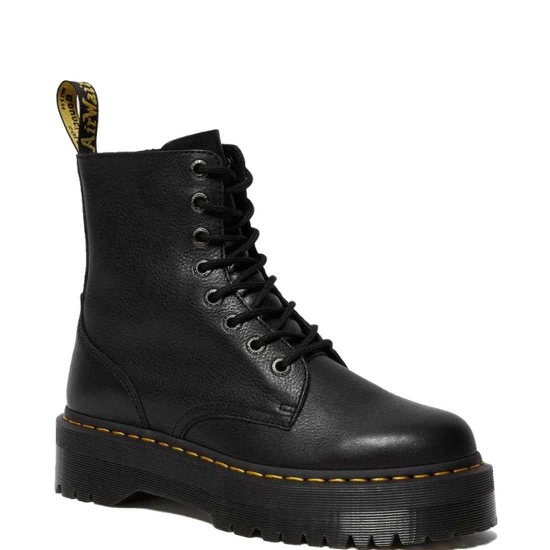 The Dr Martens Jadon III Pisa Black Chunky Boot features black Pisa leather, a thick platform sole, signature yellow stitching, and a yellow back pull tab—an edgy update to the classic combat boot.