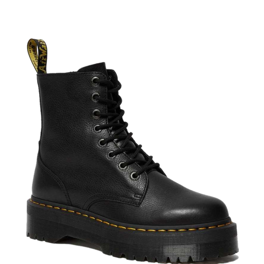 The Dr Martens Jadon III Pisa Black Chunky Boot features black Pisa leather, a thick platform sole, signature yellow stitching, and a yellow back pull tab—an edgy update to the classic combat boot.
