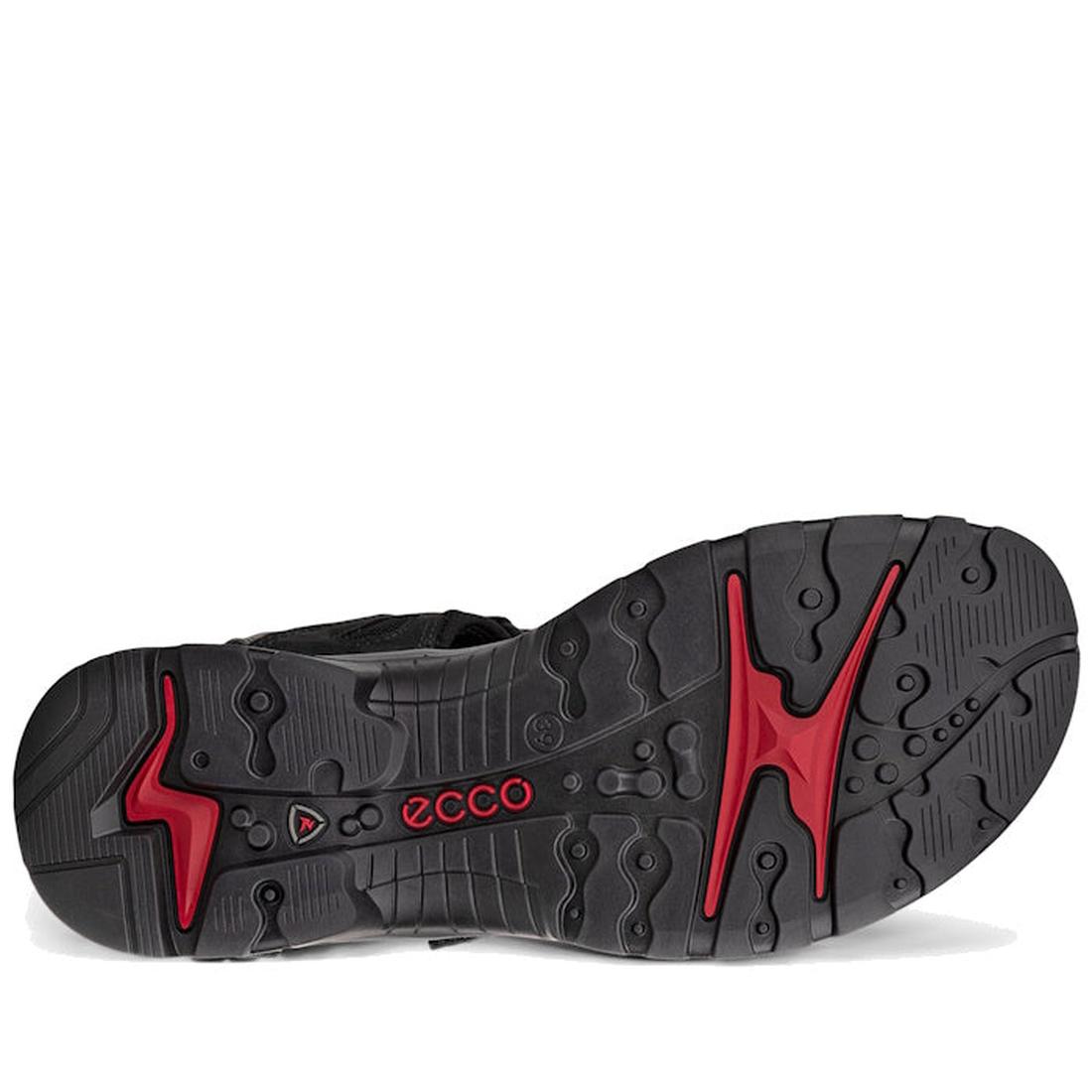 The image shows the black rubber outsole of the Ecco Offroad Black/Mole Men's Active Sandal, featuring red ECCO branding and textured circular and wavy treads for durable grip and traction., 48648, 48649, 48650, 48651, 48652, 48653, 737425894258, 73742589