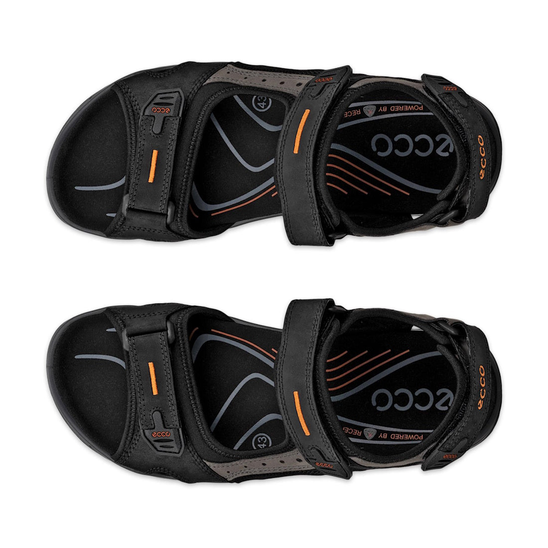 Top view of the Ecco Offroad Black/Mole Men's Active Sandal with orange accents and adjustable straps, side by side. Shows insoles and tread for durable grip—perfect outdoor sandals., 48648, 48649, 48650, 48651, 48652, 48653, 737425894258, 737425894265, 7