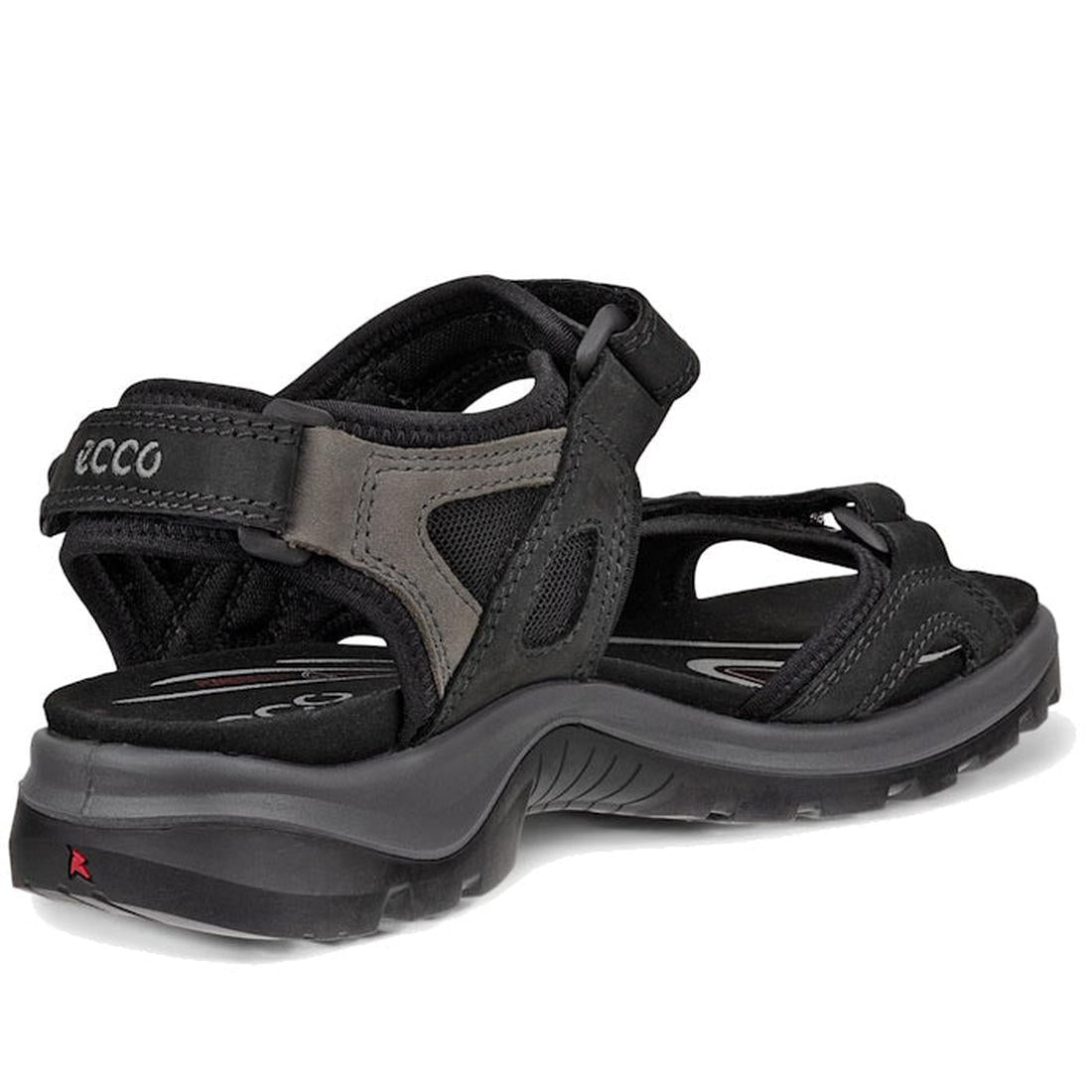 The Ecco Offroad Full Black Women's Active Sandal Back Strap features a black and gray design, adjustable straps, and a rugged sole for walking comfort. Seen from back and side angles, it showcases the ECCO brand—ideal for women's outdoor sandal lovers., 