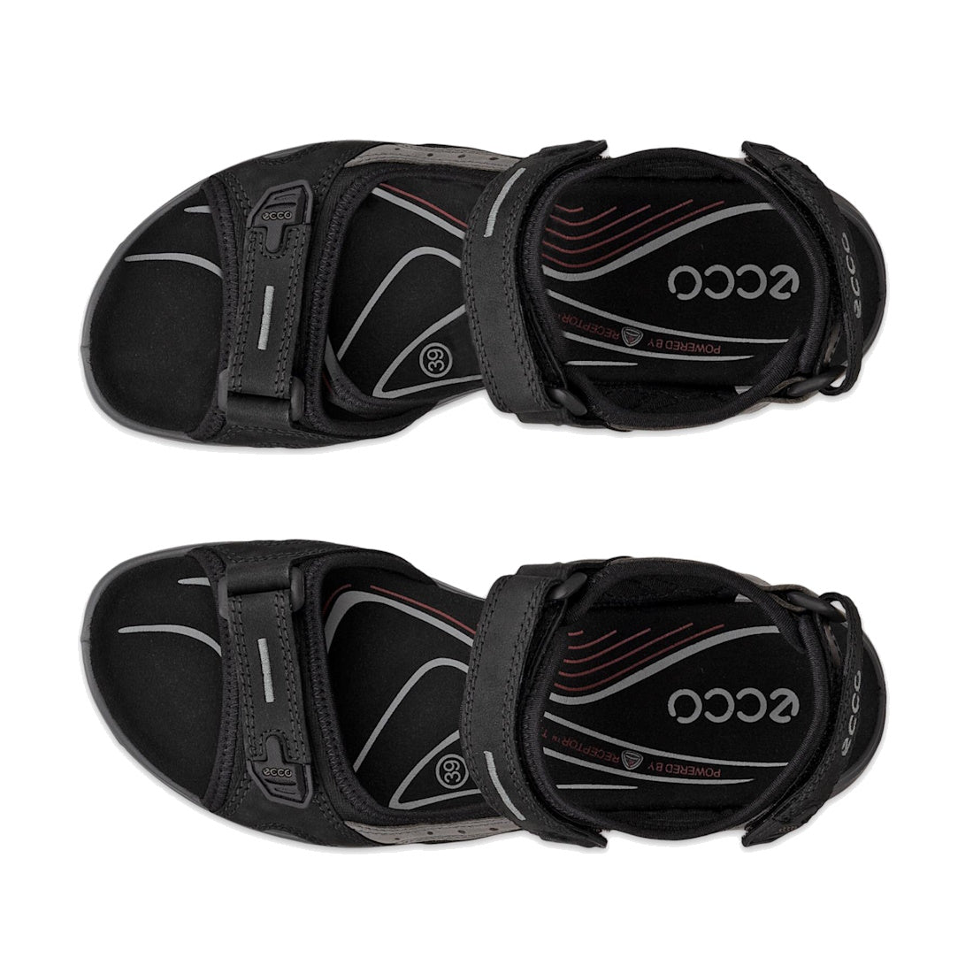 The Ecco Offroad Full Black Women's Active Sandal Back Strap features adjustable straps and cushioned insoles with red and white accents plus ECCO branding, shown from above on a white background. Designed for walking comfort., 737426010756, 737426010763,