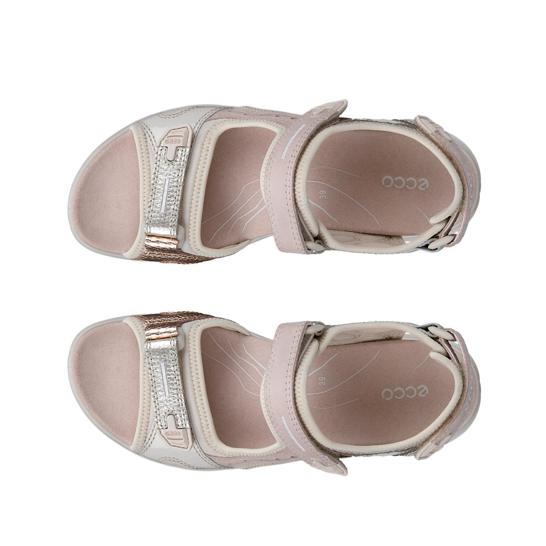 The Ecco Offroad Limestone Women's Active Sandal in light pink, crafted from soft nubuck leather with adjustable straps and silver glitter accents, is shown from above on a white background., 194891407199, 194891407205, 194891407212, 194891407229, 48671