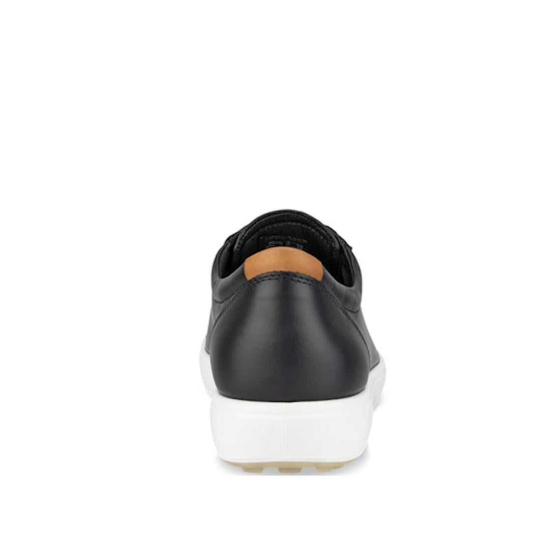 Ecco Soft 7 Sneakers for women in black leather with easy long laces, a bright white sole, and a tan accent on the heel, back view.  ksnz, 737431676282, 737431676299, 737431676305