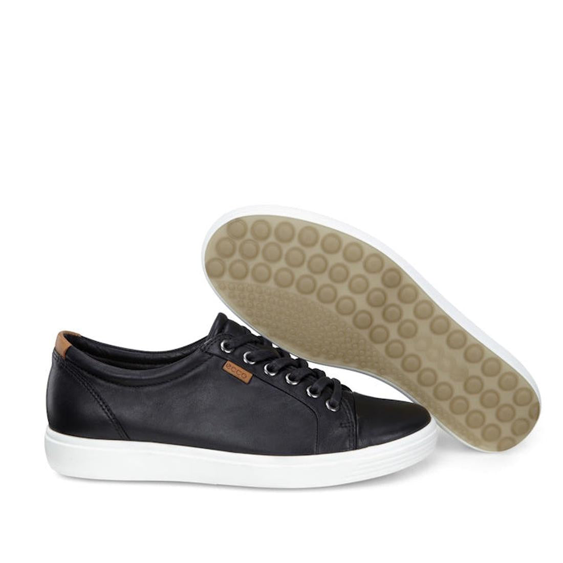 Ecco Soft 7 Sneakers for women in classic black leather, with cozy lace-up style and grippy white soles designed for all-day comfort.  ksnz, 737431676282, 737431676299, 737431676305