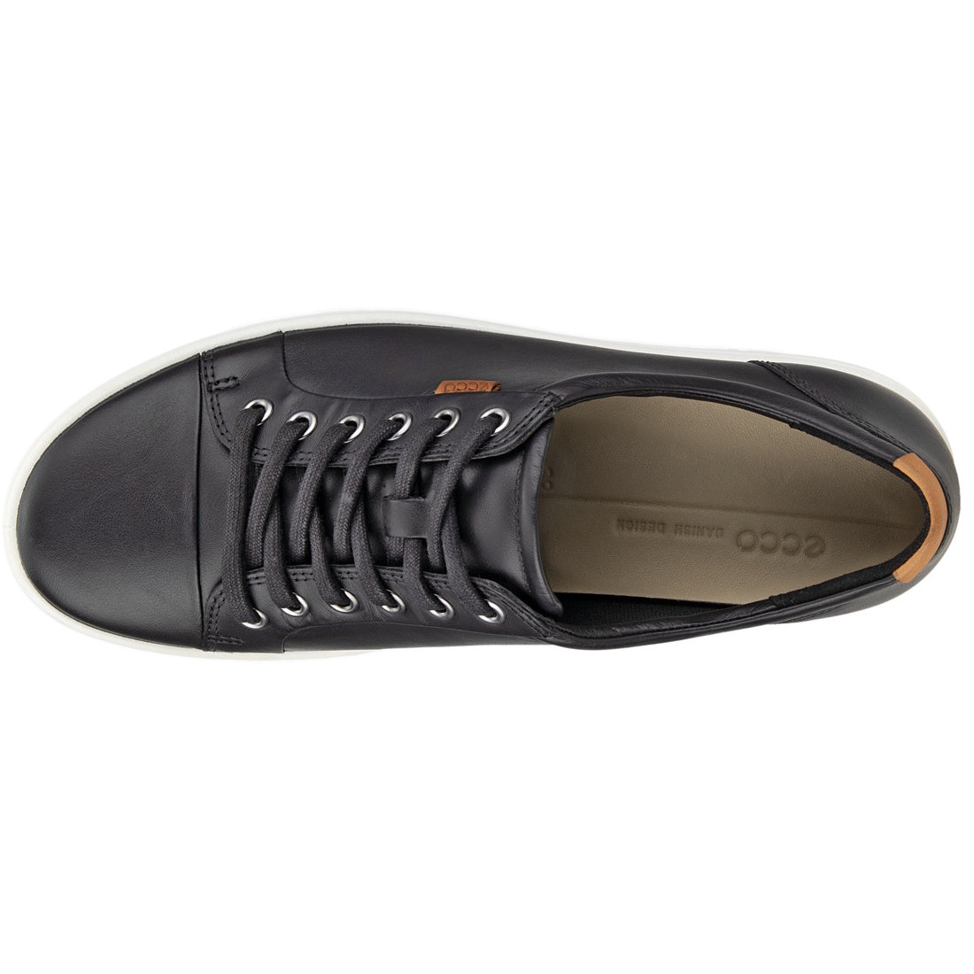 Ecco Soft 7 Sneakers Black Womens Leather—sleek black sneakers with easy laces, comfy white sole, and a soft brown heel detail.  ksnz, 737431676282, 737431676299, 737431676305