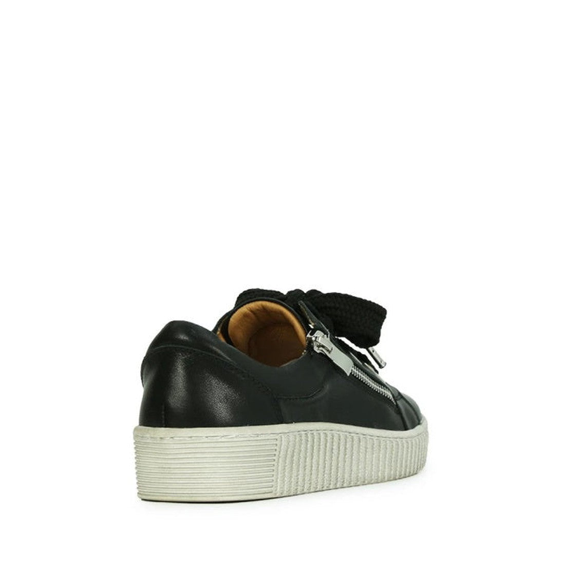 The EOS Jovi Leather Trainer in black features a side zipper, black laces, and a chunky white rubber sole, displayed from a rear side angle on a white background., 9321190926491, 10808, 9321190926514, 9321190926521, 9321190926538, 9321190926545, 932119092