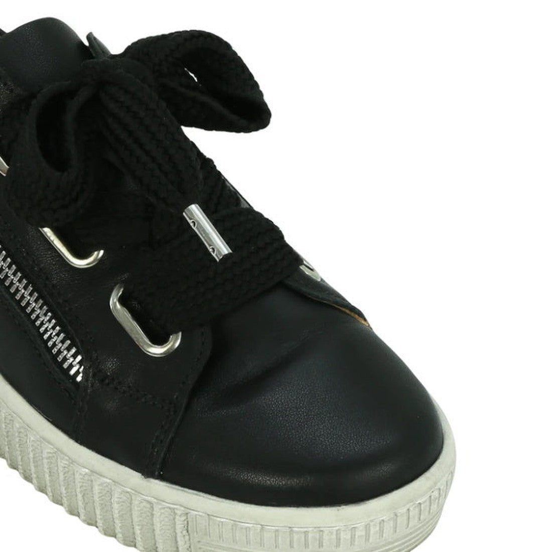 A close-up of the EOS Jovi Leather Trainer: a black lace-up sneaker with silver eyelets, side zip detail, and chunky rubber sole—ideal for comfortable, casual style., 9321190926491, 10808, 9321190926514, 9321190926521, 9321190926538, 9321190926545, 932119