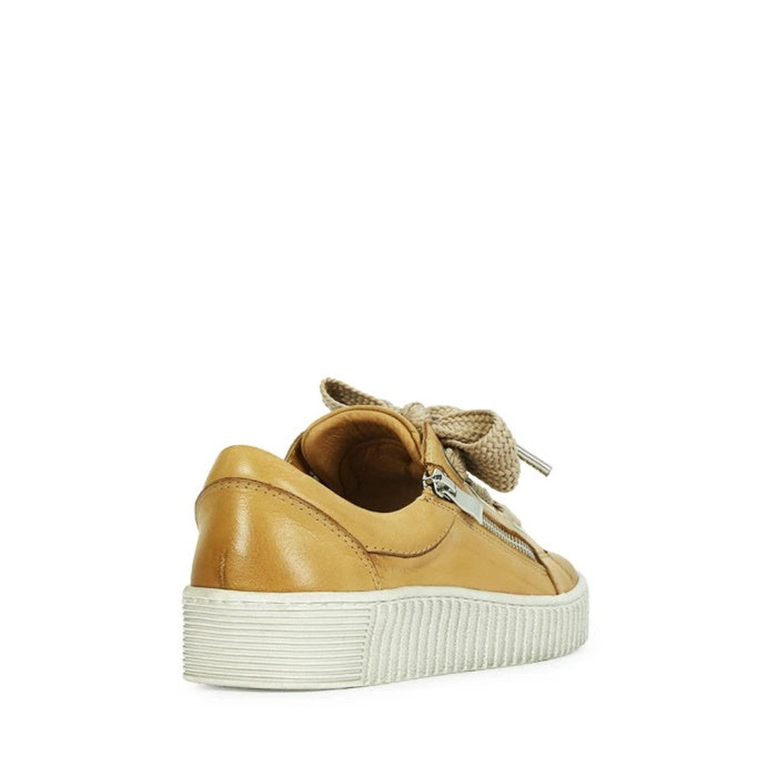 The EOS Jovi Leather Trainer features tan Italian Aniline leather, a white textured sole, tan laces, and a visible side zipper, shown from the back against a plain white background., 10040, effegiejovitan137, effegiejovitan138, effegiejovitan139, effegiej