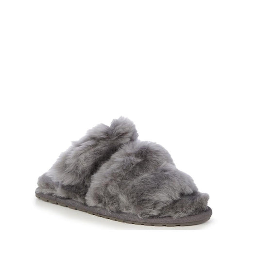 EMU NZ Women’s Jacana Charcoal Grey Sheepskin Scuff Slipper with cozy crisscross straps, soft flat sole, and easy open toe.  ksnz