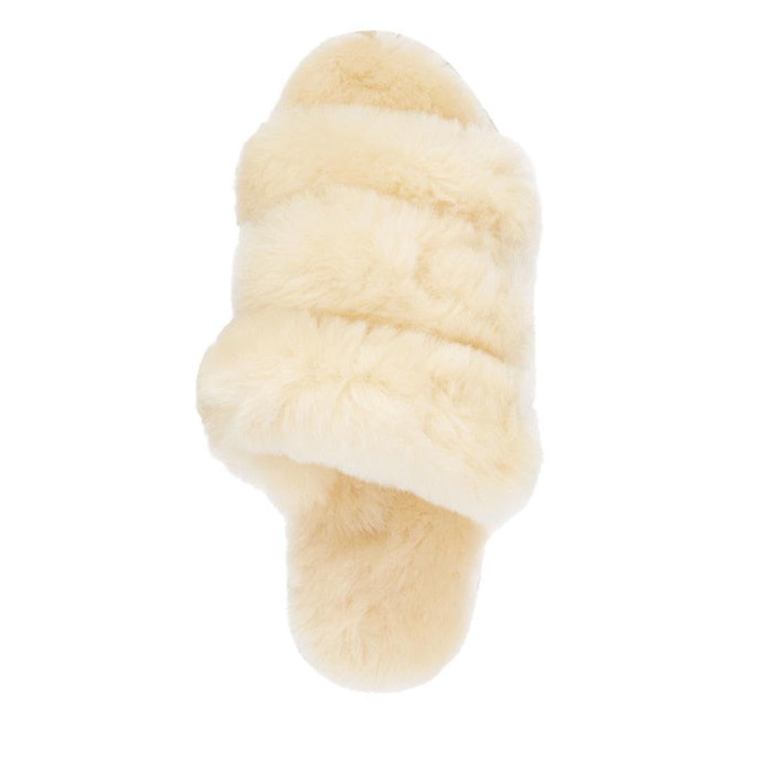 EMU NZ Women's Jacana Macadamia Sheepskin Scuff Slipper in cream, with soft faux fur straps, open toe, comfy sole, and velcro closure.  ksnz