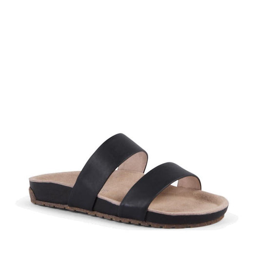 Black EMU Lucie slide sandal with a beige insole on a white background., Double Not adjustable straps over the top of the foot and toes.