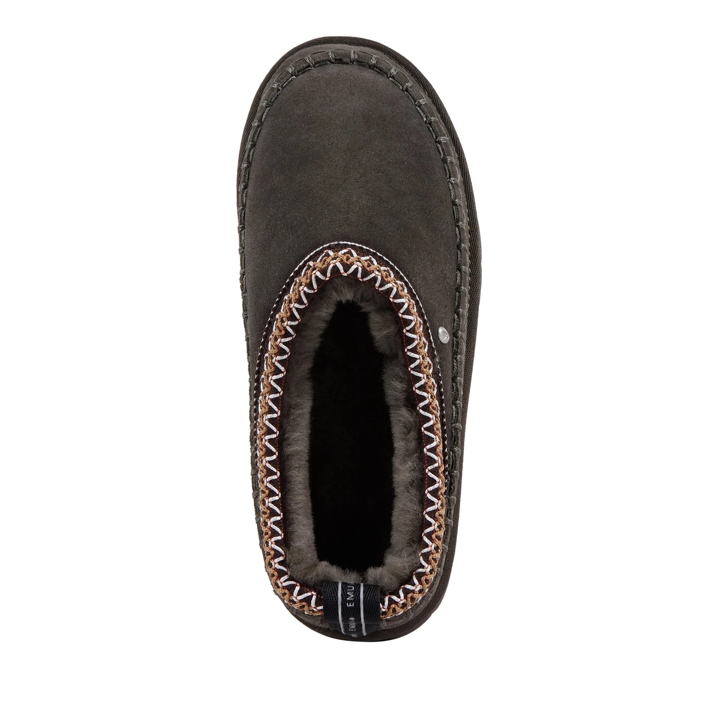 The EMU Women's Adventure Sharky Platform Scuff Slipper in dark olive sheepskin is shown from above, featuring a cozy plush interior, visible stitching, patterned trim, and a small fabric tag at the heel., 47441, 9330071981306, 9330071981313, 933007198132