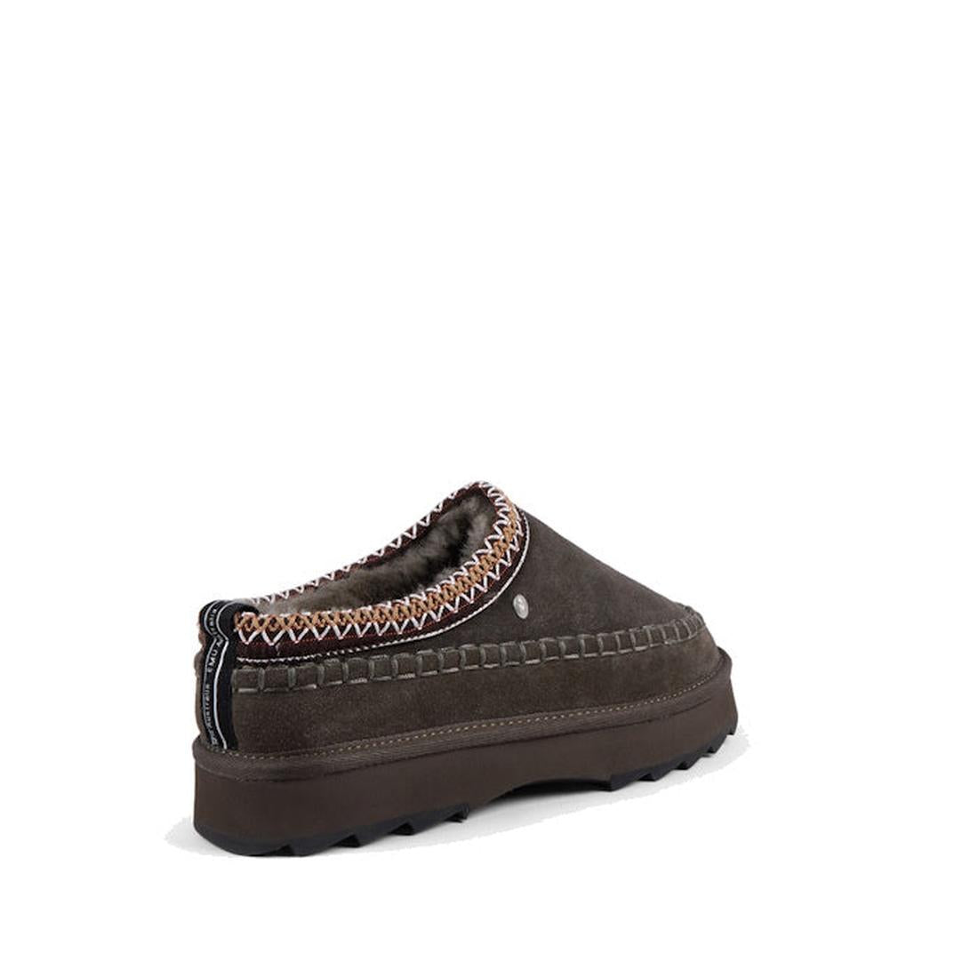 A single EMU Women's Adventure Sharky Platform Scuff Slipper in dark olive sheepskin, featuring a thick sole and Aztec embroidery around the opening, is shown from the back against a white background., 47441, 9330071981306, 9330071981313, 9330071981320, 9