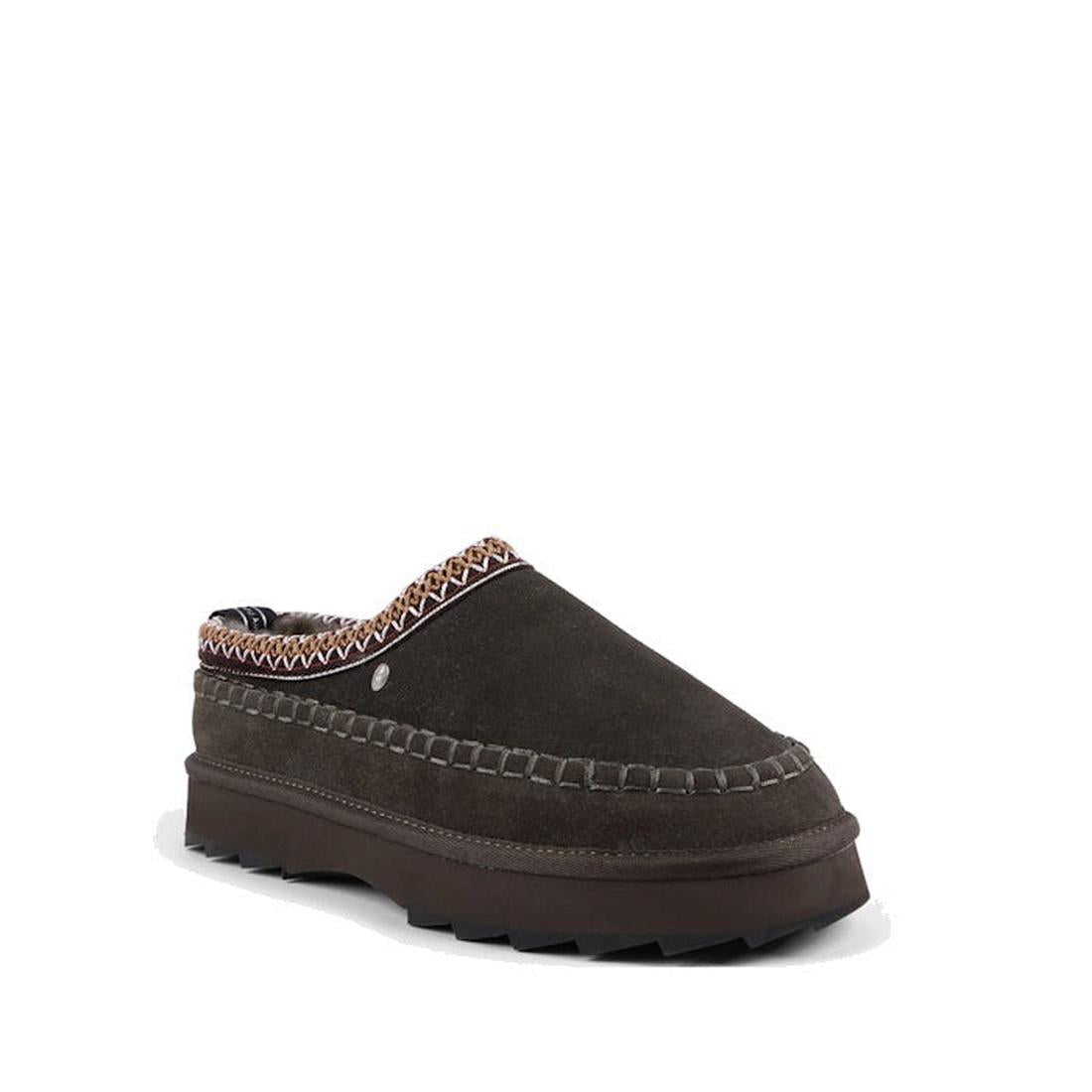 The EMU Women's Adventure Sharky Platform Scuff Slipper in dark olive sheepskin features a suede upper, thick rugged sole, and decorative stitching—an adventure slipper designed for cozy comfort.