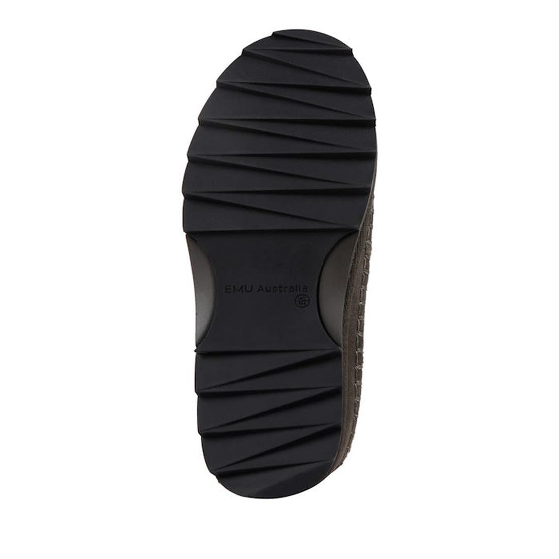 The image shows the black rubber sole of the EMU Women's Adventure Sharky Platform Scuff Slipper in dark olive sheepskin, featuring deep angled grooves for traction and "EMU Australia" embossed at the center. The background is plain white., 47441, 9330071
