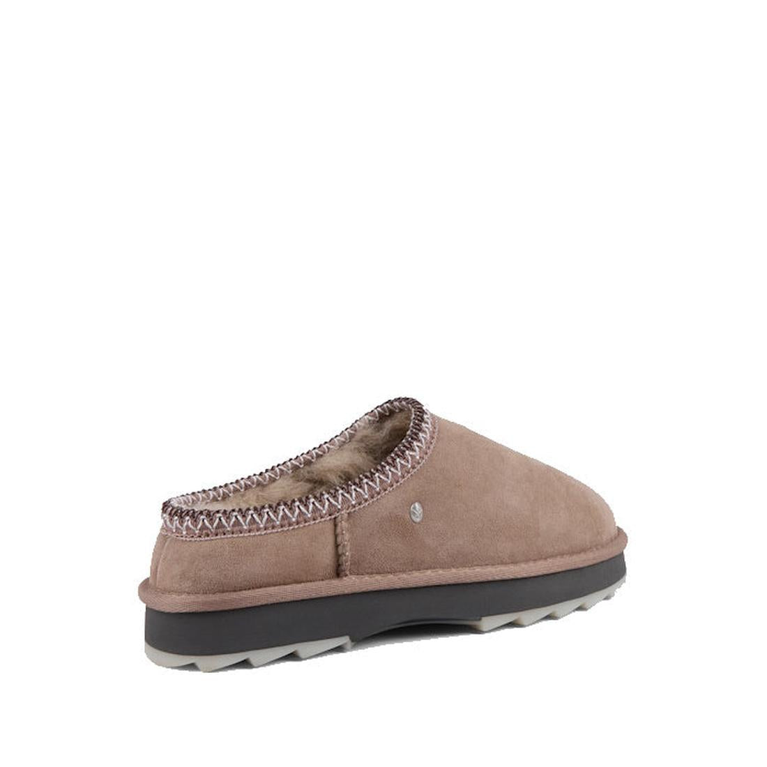 EMU NZ Women's Sharky Scuff Slipper in Mushroom Beige, a cozy slip-on with tan suede, plush lining, and sturdy ridged sole.  ksnz