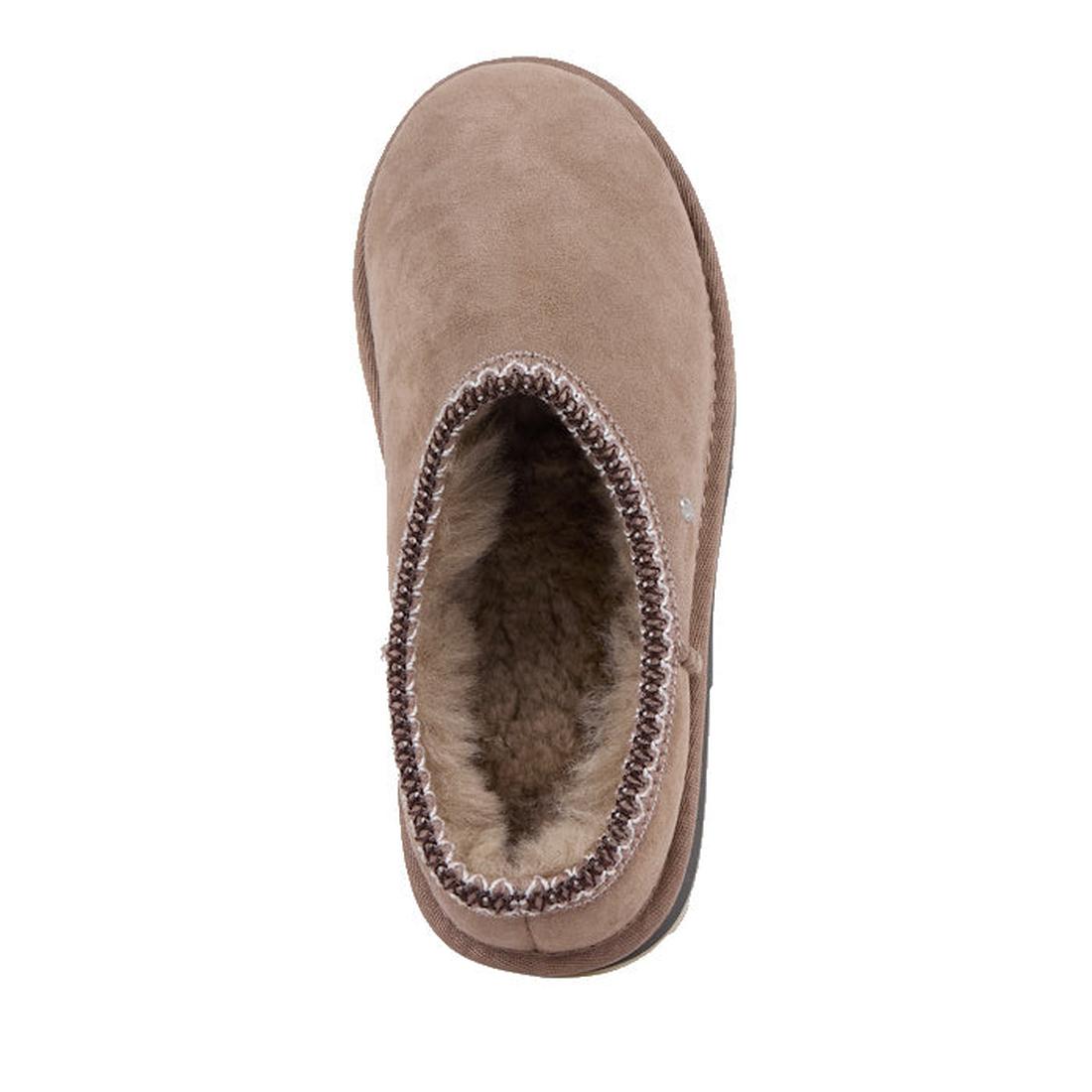 EMU NZ Women's Sharky Scuff Slipper shown in cozy mushroom beige, with a soft suede slip-on style, plush lining, and sturdy sole.  ksnz