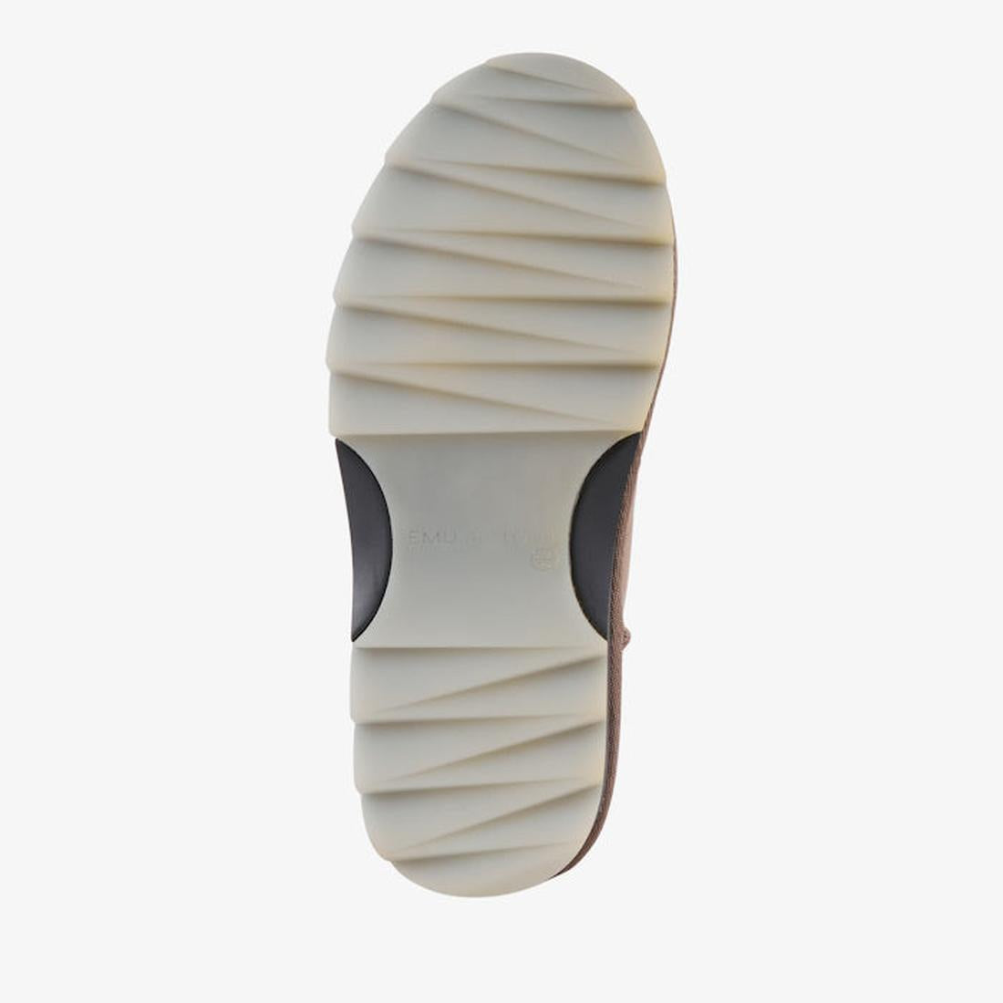EMU NZ Women's Sharky Scuff Slipper in cozy Mushroom Beige Sheepskin, slip-on style with a sturdy, grooved sole for safe steps.  ksnz