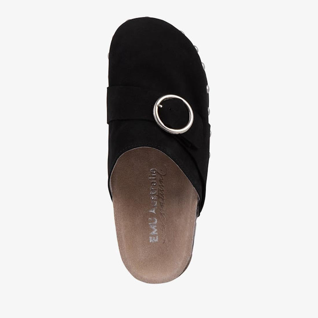 Top down view EMU Amber Black sandal with a circular buckle on a white background.,
9330071982495,
9330071982501,
9330071982518,
9330071982525,
9330071982532,, 9330071982495, 9330071982501, 9330071982518, 9330071982525, 9330071982532