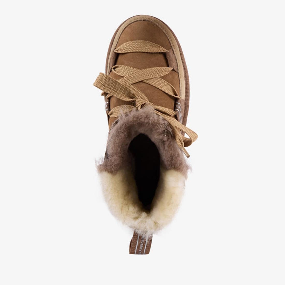 Top view of the EMU Women's Blurred Micro Patchwork Sheepskin Boot in Mushroom, showcasing a thick cream Australian sheepskin lining, tan laces, and a rounded toe—perfect for warmth and coziness., 47429, 9330071978207, 9330071978214, 9330071978221, 47433,