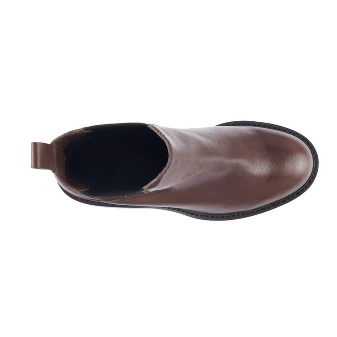 EMU NZ Clare Leather Ankle Chelsea Block Heeled Boot in warm walnut brown, easy pull tab, sturdy waterproof sole, top view on white.  ksnz
