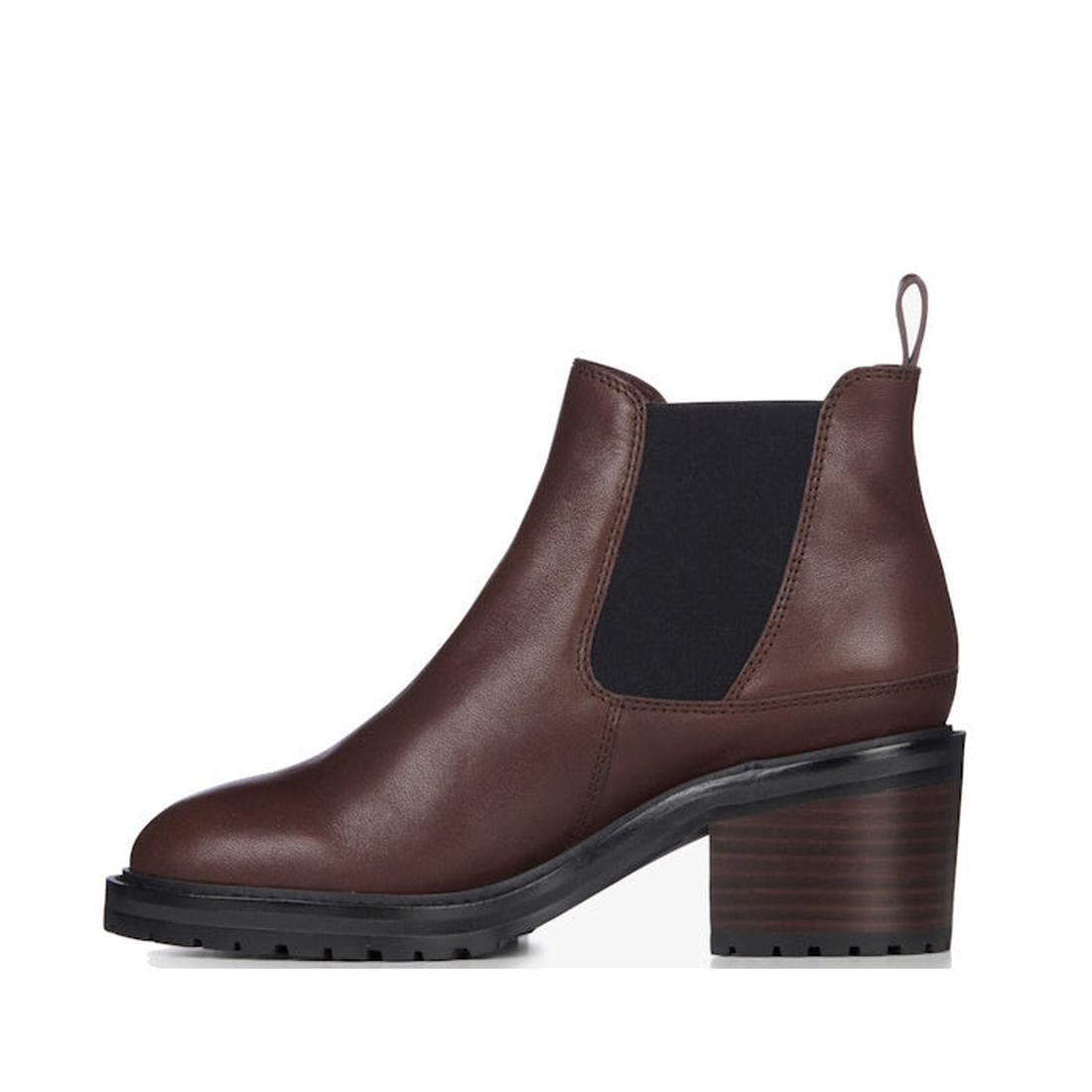 EMU NZ Clare Leather Ankle Chelsea Block Heeled Boot in Walnut Brown, waterproof leather, block heel, side elastic panel, easy pull tab.  ksnz