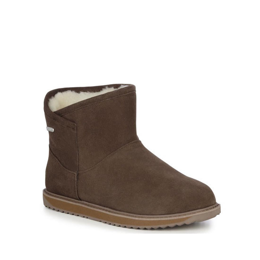 EMU NZ Emu Womens Dofida Mini Pull On Waterproof Boot in Oak, a warm, easy-on ankle boot with flat rubber sole and plush lining.  ksnz